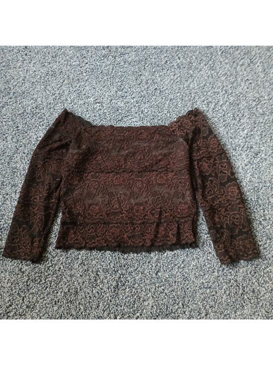 Hanky Panky Tops - Hanky Panky Vintage Y2K Earth Tone Sheer Lace Off Shoulder Cropped Top Medium